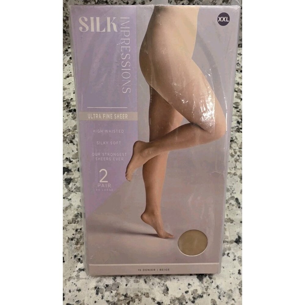 Silk Impressions XXL 2 Pair 15 Denier Beige Sheer High Waist Pantyhose